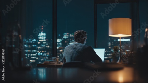 Cityscape at Night: A lone man sits at his desk working on a laptop, gazing out at the glittering cityscape from his apartment window, the warm glow of a desk lamp illuminating the room.