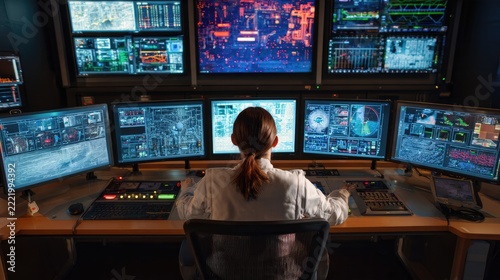 Control Room Operator: A focused woman operates a complex system of multiple computer monitors displaying data, charts, and digital interfaces within a modern control room.