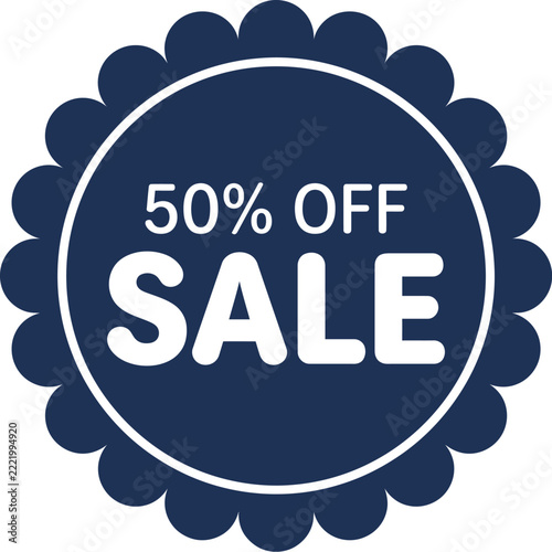 Navy blue scalloped edge sale badge featuring fifty percent off discount offer text.