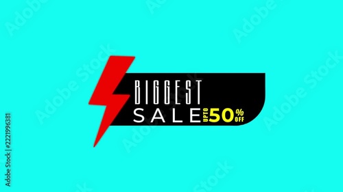 Biggest Sale Up to 50 Percent Off Animated Badge, Red Lightning Bolt Flash Sale Banner, Discount Promotion Motion Graphic on Cyan Background