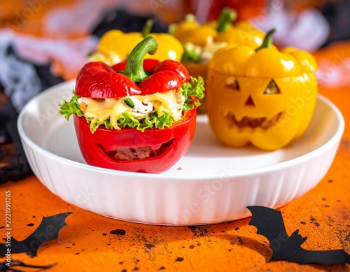 Colorful Halloween food background with colorful healthy stuffed red and yellow sweet