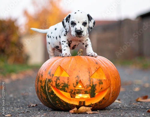 Dalmatian puppy on a halloween pumpkin