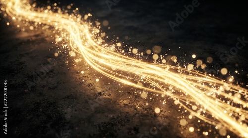 Golden particle stream flowing over dark textured ground
