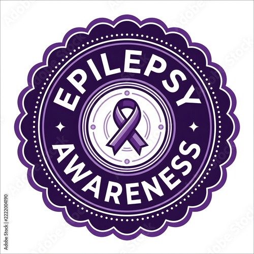 Epilepsy awareness ribbon badge with detailed purple floral border design