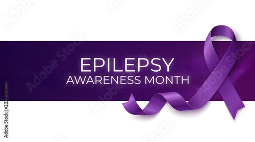 Epilepsy awareness month purple ribbon with text on a dark gradient background