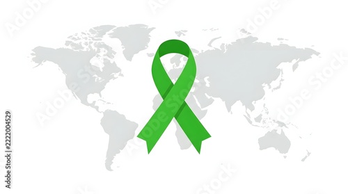 Green ribbon symbol against world map background representing global awareness campaign