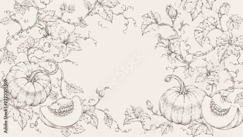 Vintage Pumpkin Botanical Border Background with Autumn Vines and Leaves