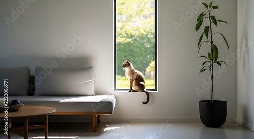 Cute cat sitting on a windowsill in a bright modern minimalist living room