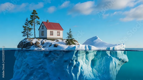 Small house on floating iceberg illustrating climate change global warming and environmental vulnerability