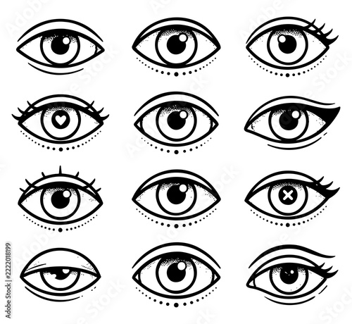 Mystical Human Eye Set Black Line Art Vector