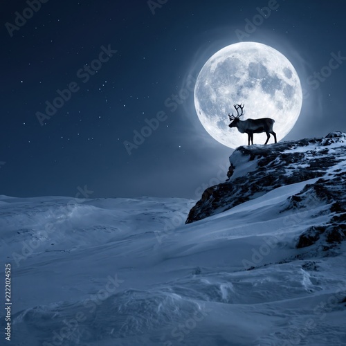 Silhouette of a reindeer standing on a snowy cliff under a large full moon in a dark night sky