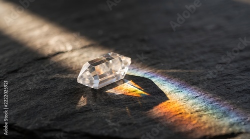 Clear Crystal Reflecting Rainbow Light on Dark Surface