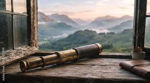 Vintage Telescope Overlooking Misty Mountain Landscape at Sunrise