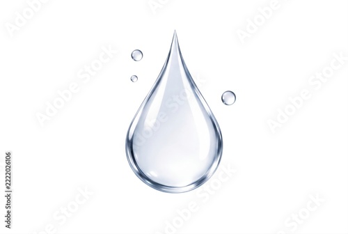 Pure water drop on white background, clear liquid droplet, fresh hydration element