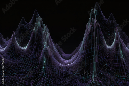 Lavender neon and ghost-white lines forming an elastic grid that stretches into smooth peaks and compressed valleys