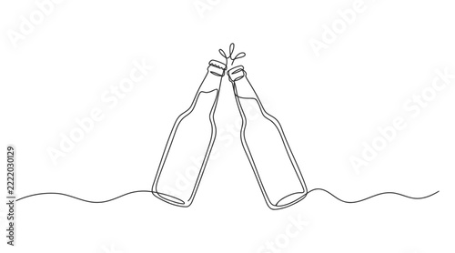 Continuous line art of two beer bottles clinking for a toast with bottle white background black and whi