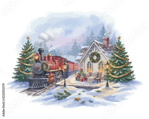 Whimsical Watercolor Christmas Railway Station, Snowy Holiday Train Depot, Vector Illustration Isolated on White Background