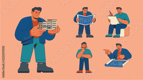 Flat Illustration Business Team Collaborating on Architecture Project Set of