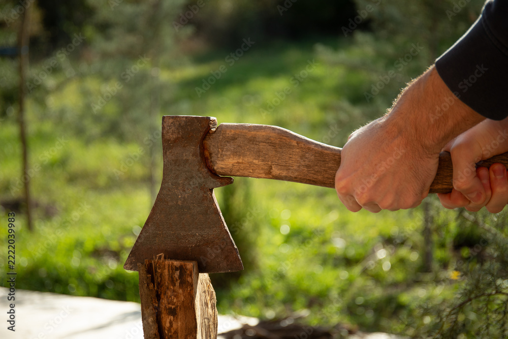 Fototapeta premium Individual uses axe to effectively split wood in a serene environment
