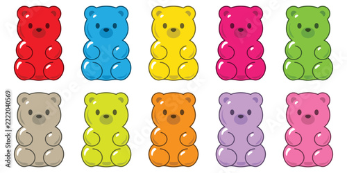 Cute colored cartoon gummy bears. bright jelly candies set of rainbow colors. greeting card. isolated vector illustration