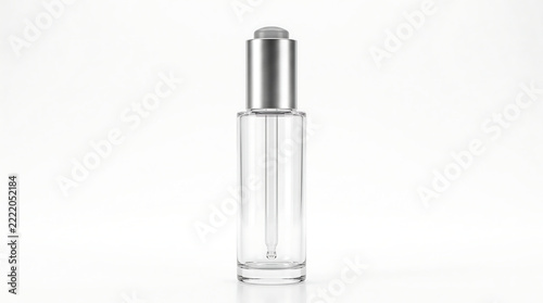 Empty Glass Dropper Bottle with Minimalist Cosmetic Packaging Design Isolated on White Background
