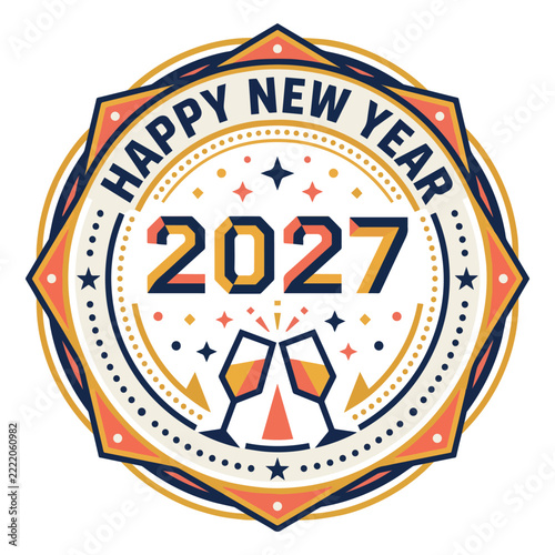 Happy New Year 2027 Vintage Vector Badge Label Illustration with Toasting Champagne Glasses for Celebration Banner Design Card