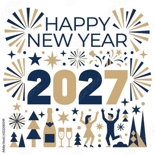 Happy New Year 2027 Minimalist Retro Flat Vector Illustration with Champagne Fireworks Dancing People Celebration Party Banner