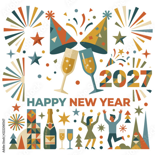 Happy New Year 2027 Minimalist Retro Flat Vector Illustration with Champagne Fireworks Dancing People Celebration Party Banner