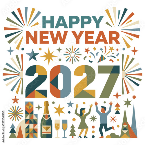 Happy New Year 2027 Minimalist Retro Flat Vector Illustration with Champagne Fireworks Dancing People Celebration Party Banner