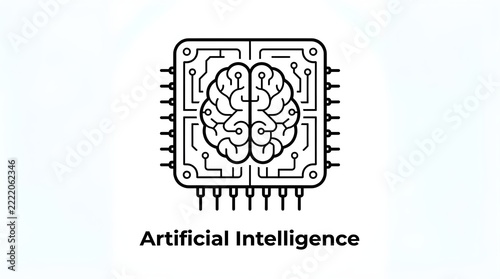 Artificial intelligence microprocessor icon featuring a central brain graphic surrounded by circuitry paths against a white background