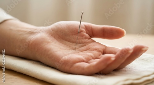 acupuncture needle on a person's palm for alternative medicine
