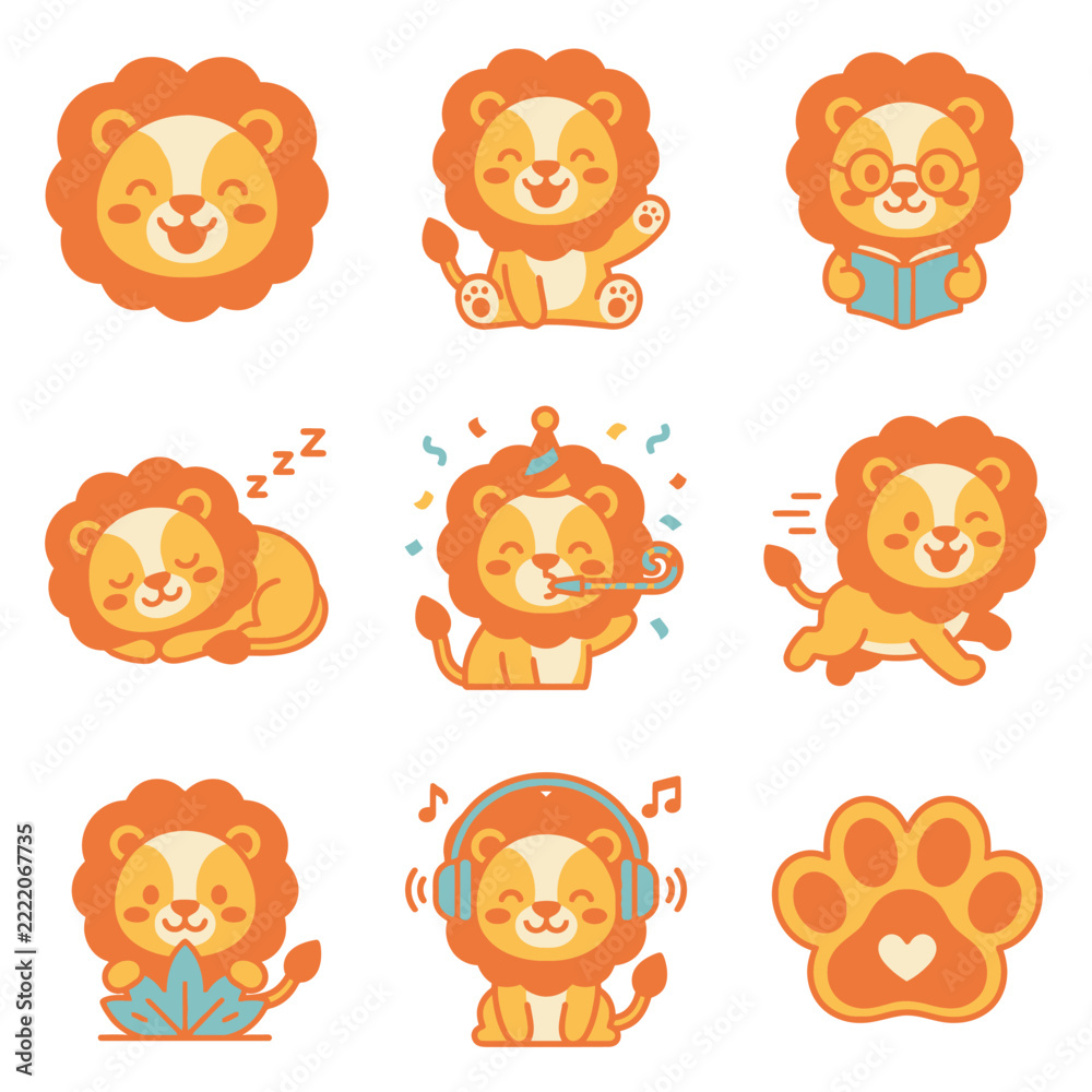 Obraz premium Set of cute cartoon lion character icons in various daily activities.