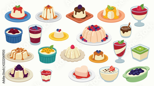 Collection of various delicious panna cotta and creamy pudding desserts with fruit toppings and sauces.