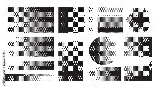 Pixel decay gradient and abstract geometric dissolve effect set vector illustration. Monochrome dot matrix fade patterns, noise pixelation, and halftone degradation shapes.