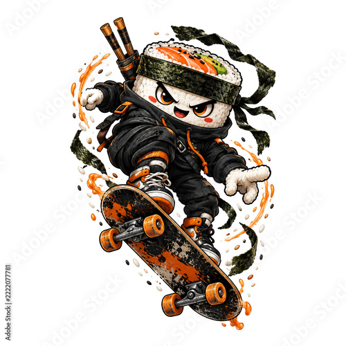 Sushi Ninja Cartoon Character Riding Skateboard with Chopsticks and Seaweed Headband on White Background