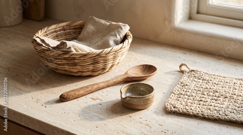 Natural woven basket with wooden kitchen utensils and ceramic bowl.