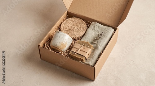 Open kraft gift box with handmade products and paper filler.
