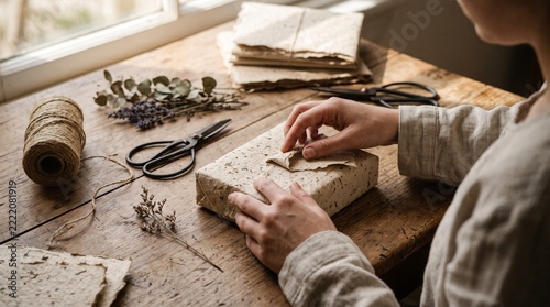 Artisan hands assembling a textured paper gift box.