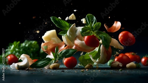 Fresh basil  cherry tomatoes  garlic  and cheese suspended in midair against a dark background  capturing vibrant culinary ingredients in dynamic