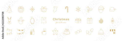 上品なゴールドラインで描いたクリスマスモチーフ28種のアイコンセット