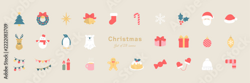 北欧風のやさしい配色でまとめたクリスマスのフラットアイコン28種