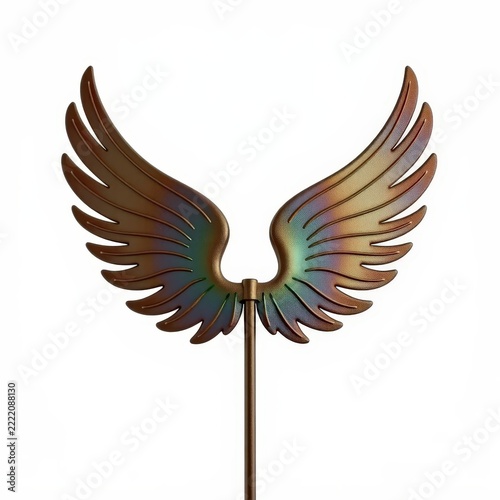 Metal angel wing treetopper with feathertextured details and iridescent finish, isolated on white background for holiday decor trends