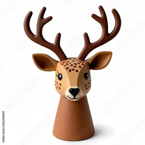 Papiermch woodland deer head treetopper with rustic painted patterns on white background for holiday decor