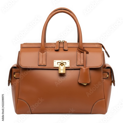 Brown leather handbag with gold hardware isolated on transparent background
