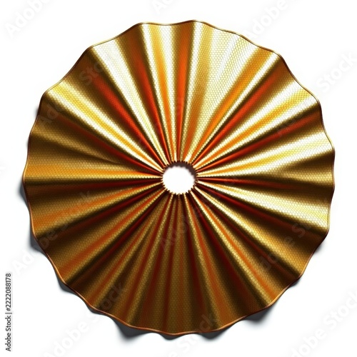 Metallic gold sequin christmas tree skirt in perfect circle shape reflecting light on pure white background for elegant holiday decor