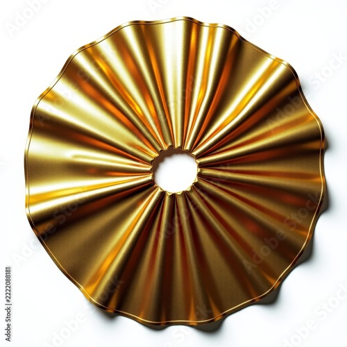Metallic gold sequin christmas tree skirt in perfect circle reflecting light on pure white background for festive holiday decor