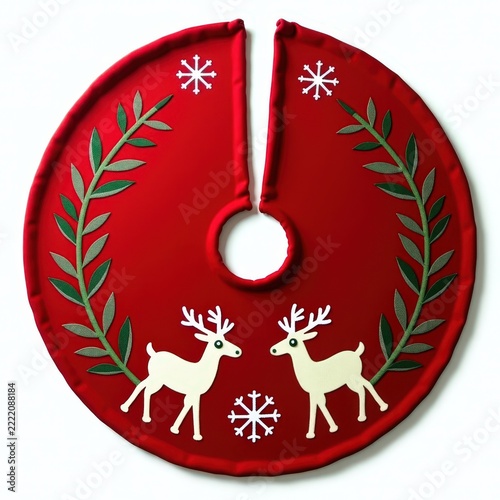 Round red fleece christmas tree skirt with embroidered reindeer and snowflake motif, festive holiday decor for living room or office