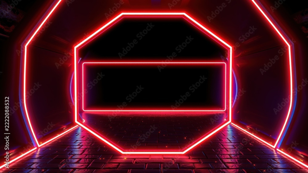 Fototapeta premium Neon octagon tunnel. Red illumination creates futuristic aesthetic. Dark background emphasizes glowing geometric shapes, inviting passage.