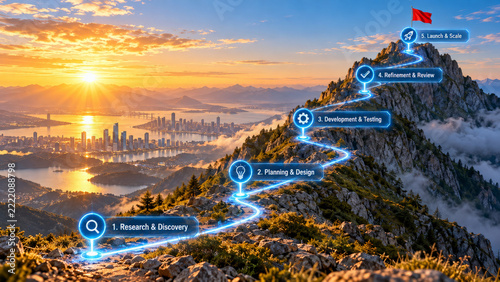 Majestic sunrise over cityscape with winding path ascending a mountain. Steps marked in glowing blue show sequential journey leading towards summit, symbolizing progress and achievement