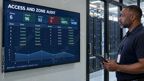 Engineer reviewing cloud access control in a data center